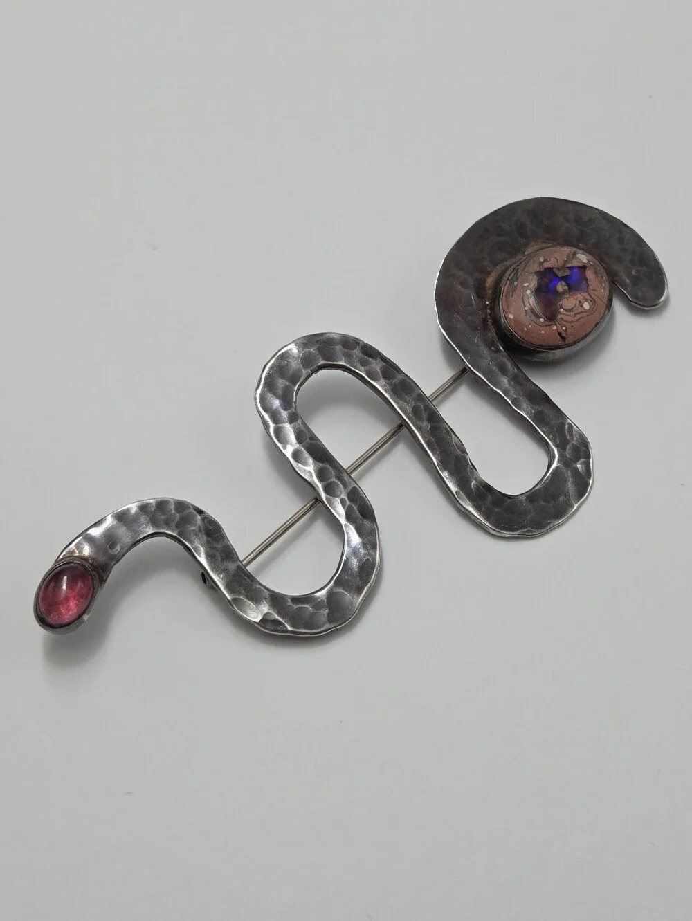 Vintage Mexican Sterling, Fire Opal, Pink Tourmaline Abstract Snake Brooch